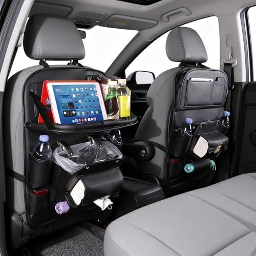 3.15"D x 17.7"W x 25.2"H Universal Premium Leather Foldable Car Backseat Organizer with Table Tray, Car Seat Back Protector with Garbage Bag Touch Screen Pad Holder, Car Kick Mats with Tissue Box - Gray - Size 1Pack