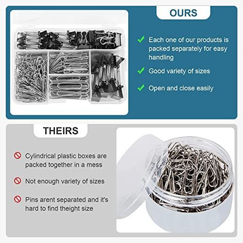 Assorted Size Binder Clips & Jumbo Paper Clips Set - 340pcs Black, Large for Office & School Supplies, in Container with Compartments