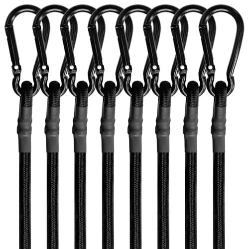 8 Pcs 48in Bungee Cords with Carabiner Hooks Heavy Duty, Outdoor Black Bungee Straps, Strong Industrial Grade Elastic Bungee Rope for Securing Tarps, Luggage, Tents，Bikes or Garden Tidying