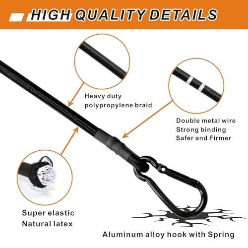 8 Pcs 48in Bungee Cords with Carabiner Hooks Heavy Duty, Outdoor Black Bungee Straps, Strong Industrial Grade Elastic Bungee Rope for Securing Tarps, Luggage, Tents，Bikes or Garden Tidying