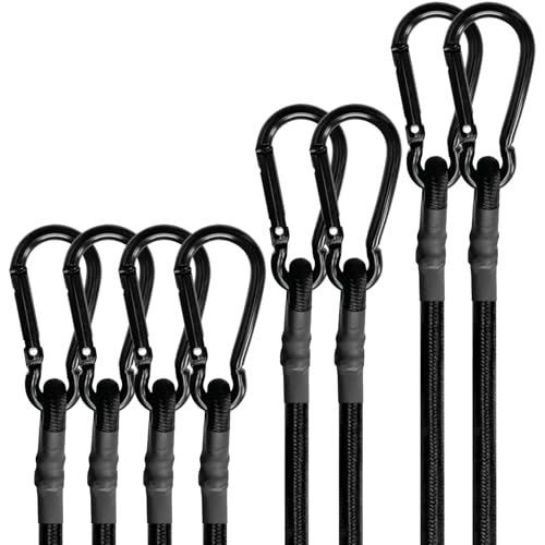 Bungee Cords with Carabiner Hooks Heavy Duty, Outdoor Black Bungee Straps, Strong Industrial Grade Elastic Bungee Rope for Securing Tarps, Luggage, Tents，Bikes, 12in + 24in + 48in，8pcs