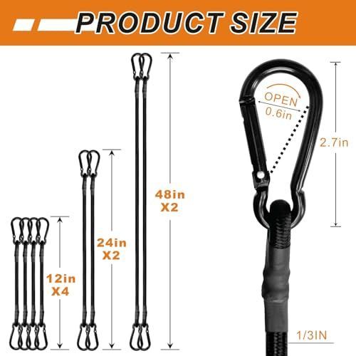 Bungee Cords with Carabiner Hooks Heavy Duty, Outdoor Black Bungee Straps, Strong Industrial Grade Elastic Bungee Rope for Securing Tarps, Luggage, Tents，Bikes, 12in + 24in + 48in，8pcs