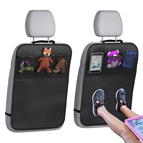 Back Seat Cover For Kids + 3 Pocket Storage Organizer, 2 Pack X-Large Waterproof Kick Mats Backseat Protector, Car Seat Back Protectors For Vehicles To Protect From Dirt, Mud & Scratches