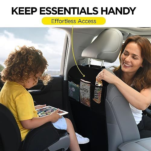 Back Seat Cover For Kids + 3 Pocket Storage Organizer, 2 Pack X-Large Waterproof Kick Mats Backseat Protector, Car Seat Back Protectors For Vehicles To Protect From Dirt, Mud & Scratches