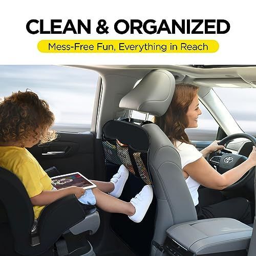 Back Seat Cover For Kids + 3 Pocket Storage Organizer, 2 Pack X-Large Waterproof Kick Mats Backseat Protector, Car Seat Back Protectors For Vehicles To Protect From Dirt, Mud & Scratches