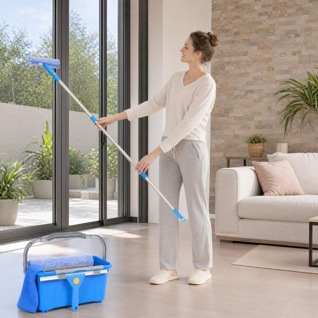 Professional Window Cleaning Kit with Bucket 3 Gallon, 76" Long Handle Squeegee and Microfiber Scrubber, High Window Washing Equipment for Indoor Outdoor, Commercial, Home, Car