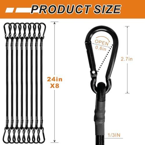 8 Pcs 24in Bungee Cords with Carabiner Hooks Heavy Duty, Outdoor Black Bungee Straps, Strong Industrial Grade Elastic Bungee Rope for Securing Tarps, Luggage, Tents，Bikes or Garden Tidying