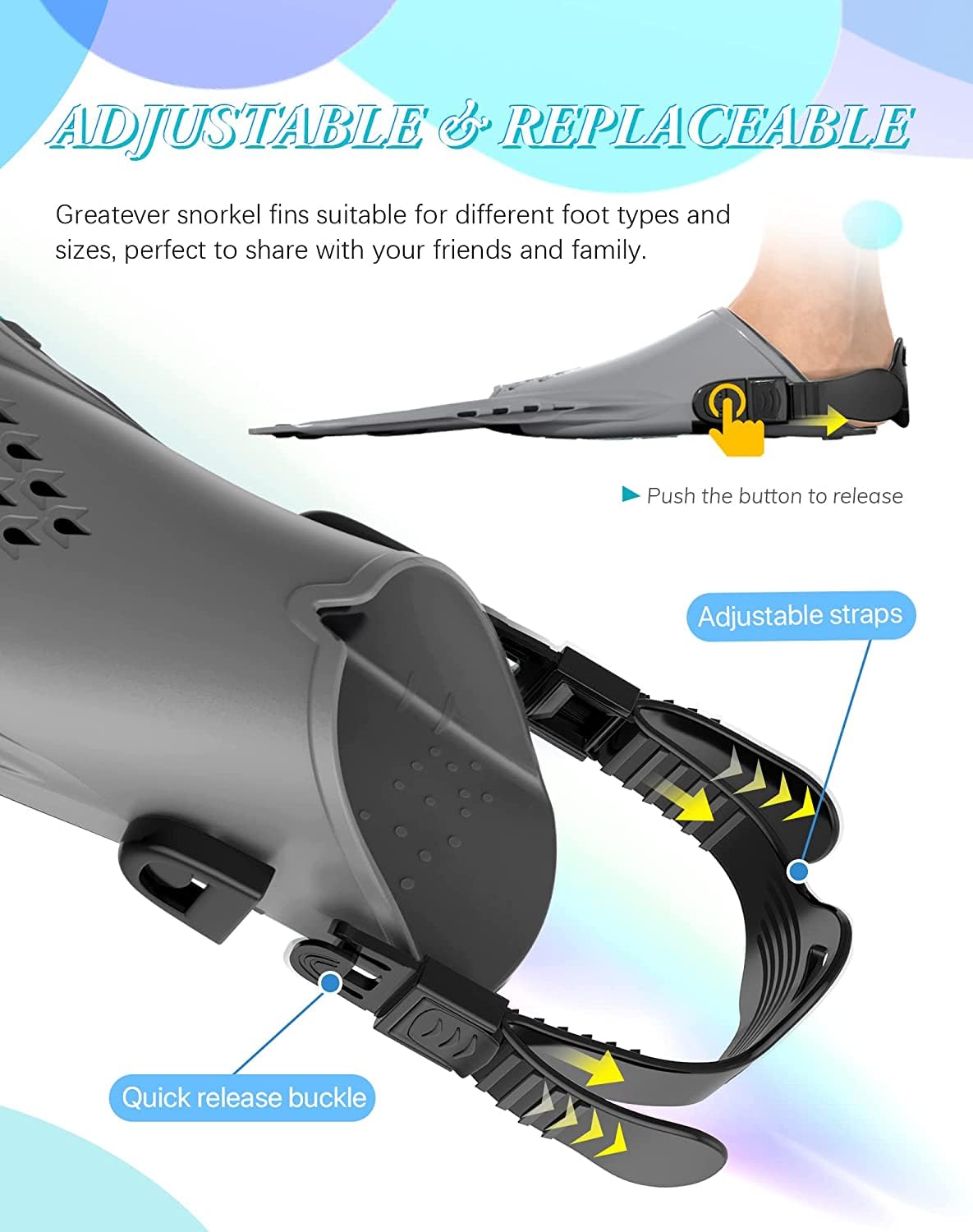 Gray Adjustable Open Heel Snorkel Fins, Travel-Size Short Swim Flippers for Snorkeling, Diving & Swimming, Adult Men & Women（L/XL）