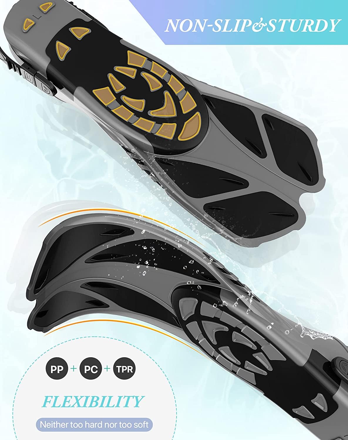 Gray Adjustable Open Heel Snorkel Fins, Travel-Size Short Swim Flippers for Snorkeling, Diving & Swimming, Adult Men & Women（S/M）