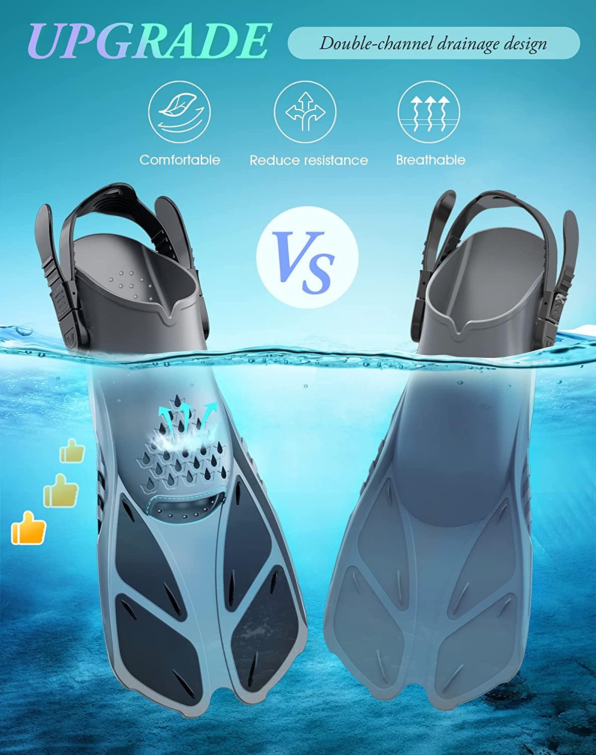 Gray Adjustable Open Heel Snorkel Fins, Travel-Size Short Swim Flippers for Snorkeling, Diving & Swimming, Adult Men & Women（S/M）
