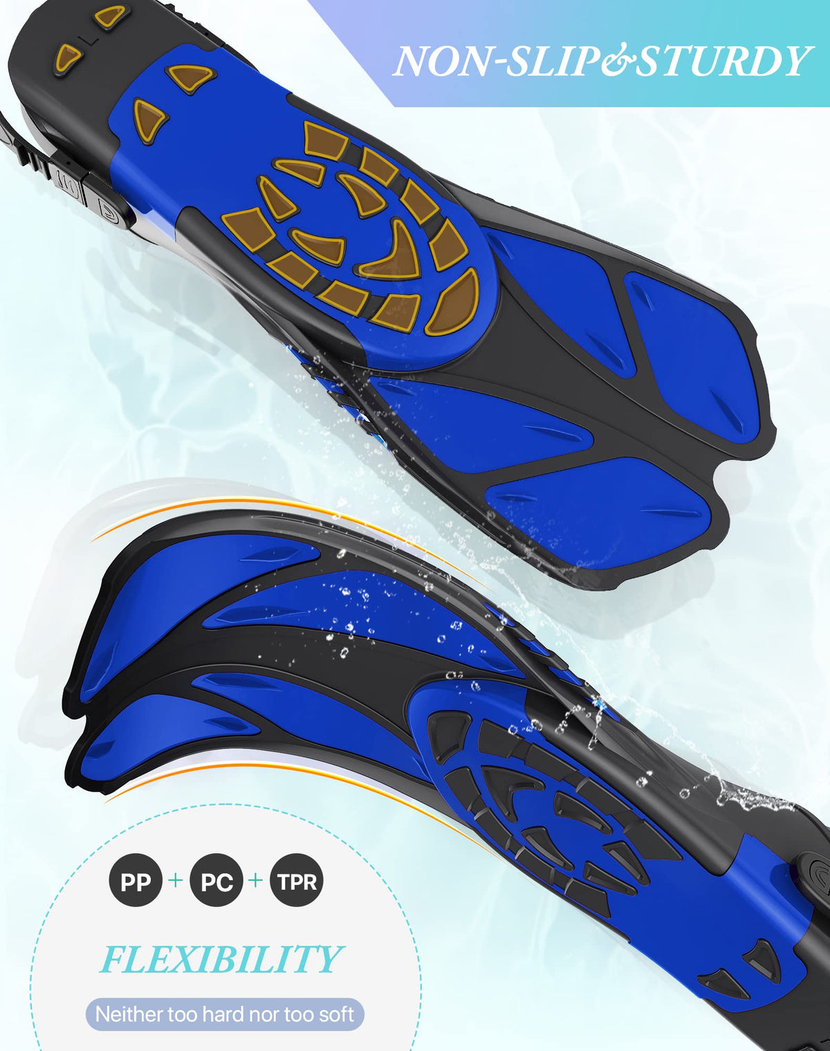 Blue Adjustable Open Heel Snorkel Fins, Travel-Size Short Swim Flippers for Snorkeling, Diving & Swimming, Adult Men & Women（S/M）
