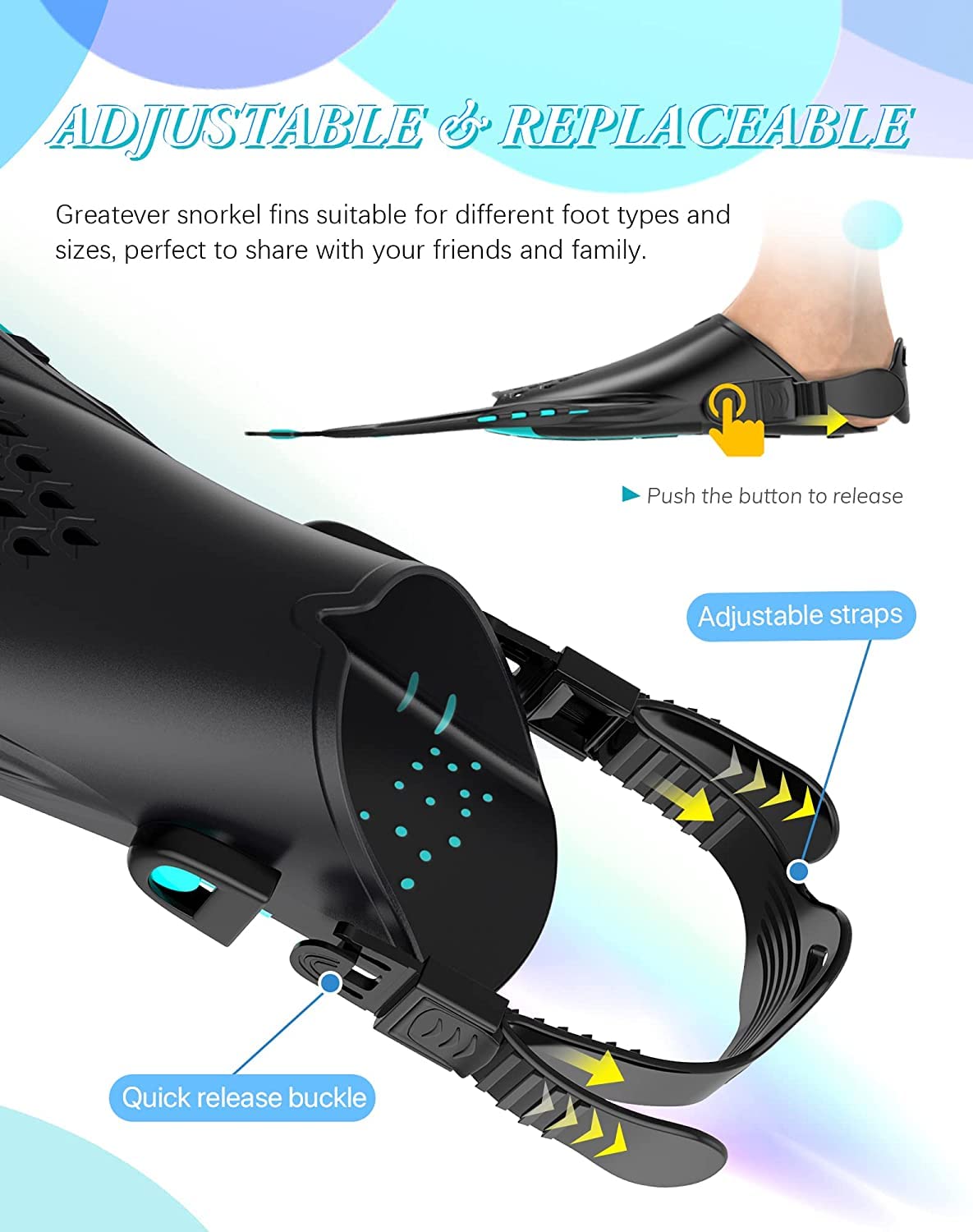Green Adjustable Open Heel Snorkel Fins, Travel-Size Short Swim Flippers for Snorkeling, Diving & Swimming, Adult Men & Women（S/M）