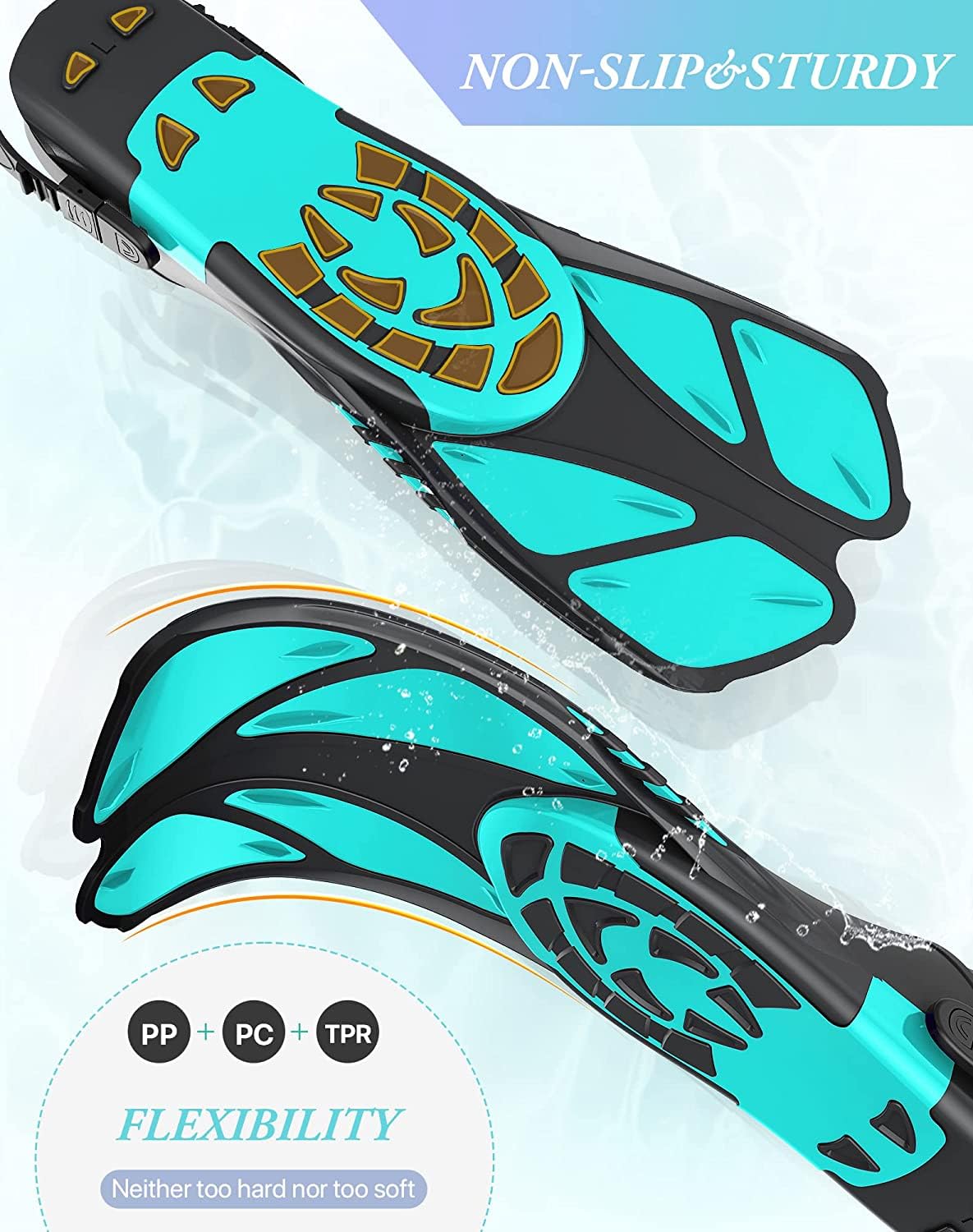 Green Adjustable Open Heel Snorkel Fins, Travel-Size Short Swim Flippers for Snorkeling, Diving & Swimming, Adult Men & Women（S/M）
