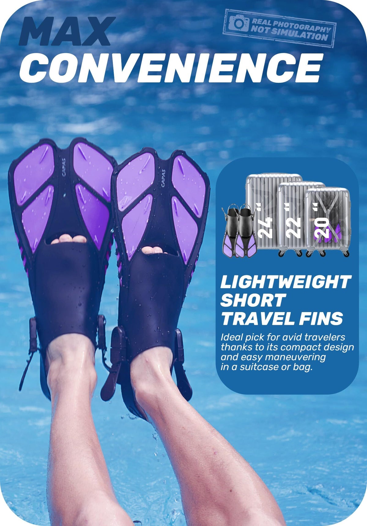 Purple Adjustable Open Heel Snorkel Fins, Travel-Size Short Swim Flippers for Snorkeling, Diving & Swimming, Adult Men & Women（S/M）