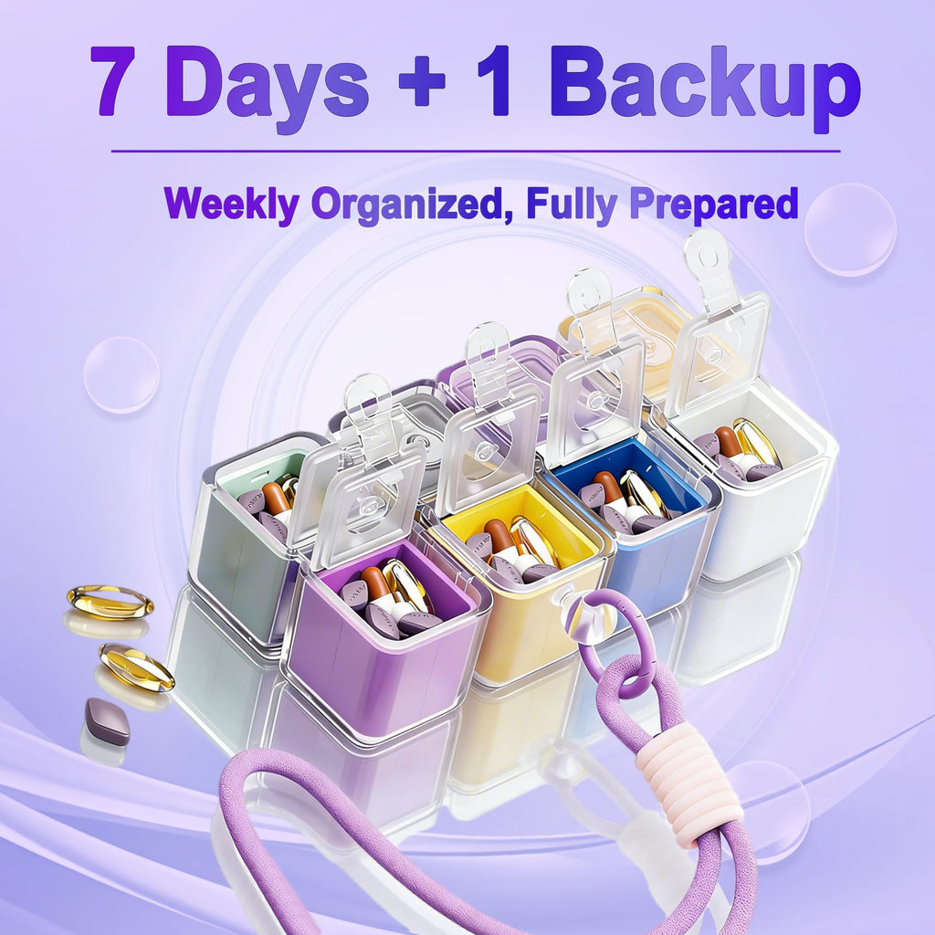 Cube-Shaped Weekly Pill Organizer with Carabiner Clip – 7 Compartment Portable Medicine Case, Airtight & Moisture-Resistant for Daily Vitamins or Emergency Use (Rainbow)