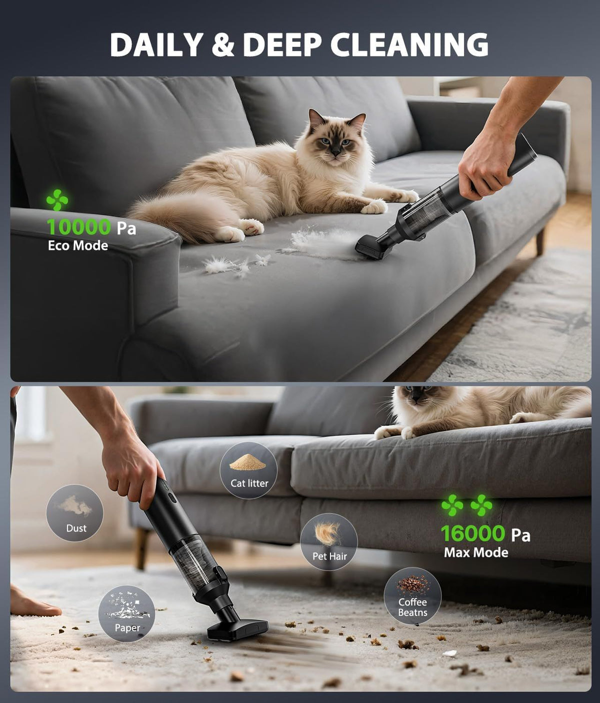 4-in-1 Cordless Handheld Vacuum with Suction & Blower Modes, 170ml Dust Cup, USB-C Charging, 4 Attachments—For Car, Home, Desk, Pet Hair—Lightweight, Tool-Free Emptying (Grey)