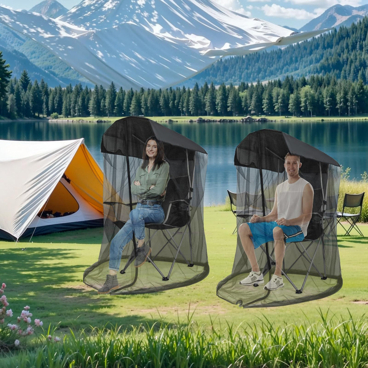 Outdoor Mosquito Net Chair Cover with Canopy – UV & Waterproof, Zippered Entry, Breathable Mesh Tent for Camping, Fishing, Beach Use (Black)