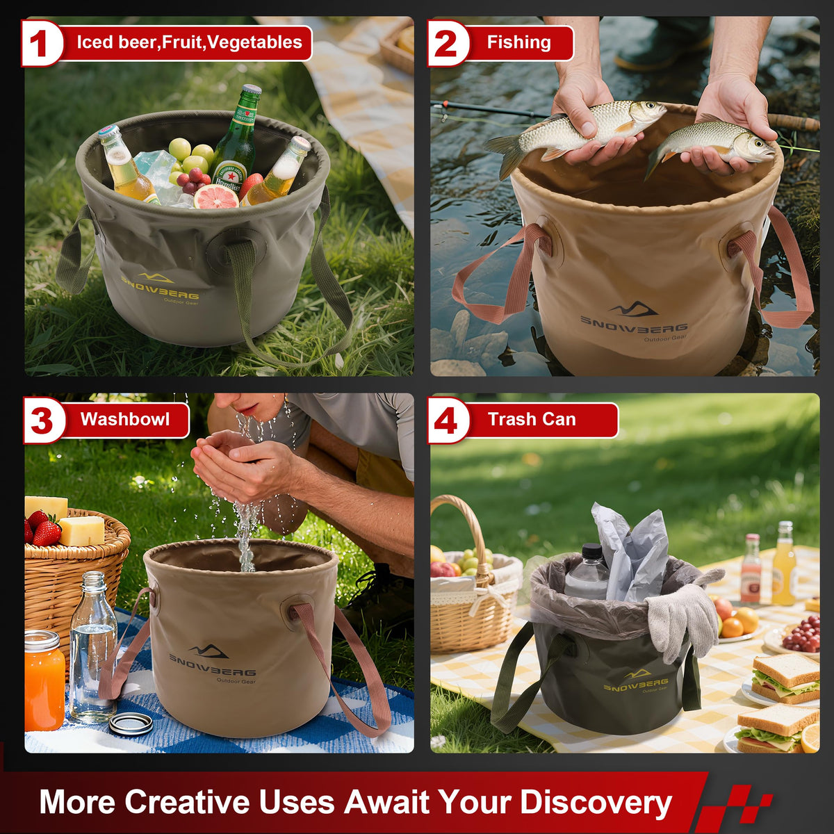 Multi-Use Collapsible Bucket – Foldable Camping Container with Dual Handles, 10L/20L Capacity, Supports 22 lbs or 44 lbs, Waterproof PVC Mesh for Fishing, Washing, Picnics & Outdoor Use (Forest Green,Large)