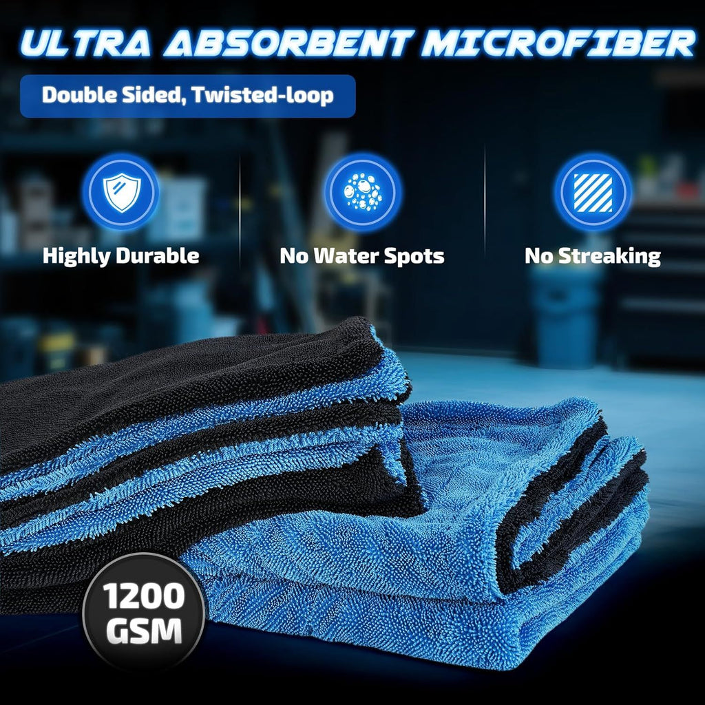 1200 GSM Car Drying Towels – Microfiber Towels for Cars (36" x 24"), Ultra-Absorbent, Streak-Free, Scratch-Free, No Water Spots, Double-Twist Pile & Edgeless Design(Blue)