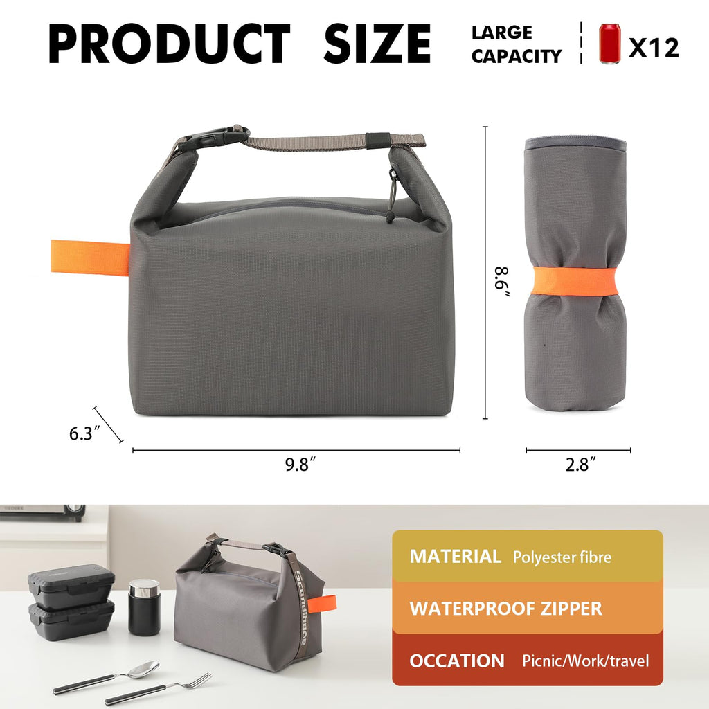 Foldable Lunch Bag – Reusable Insulated Cooler Tote with Waterproof Zipper, Leak-Proof Design, Lightweight & Compact, Ideal for Work, School, Picnic, Travel (Grey)