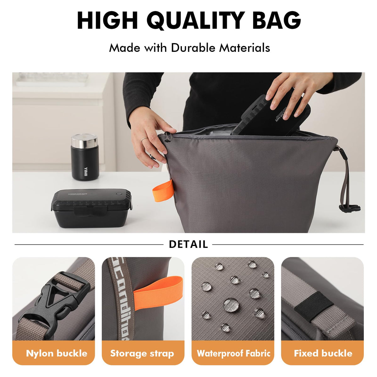 Foldable Lunch Bag – Reusable Insulated Cooler Tote with Waterproof Zipper, Leak-Proof Design, Lightweight & Compact, Ideal for Work, School, Picnic, Travel (Grey)