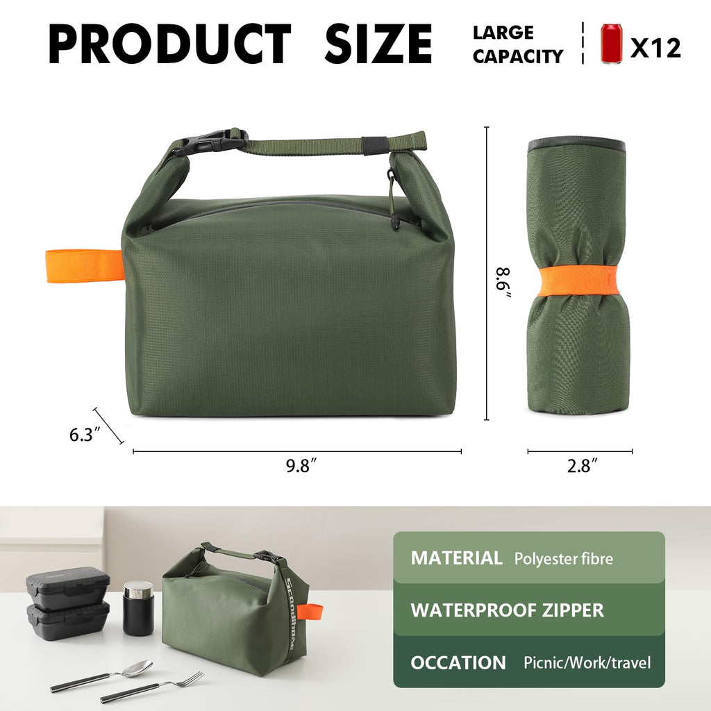 Foldable Lunch Bag – Reusable Insulated Cooler Tote with Waterproof Zipper, Leak-Proof Design, Lightweight & Compact, Ideal for Work, School, Picnic, Travel (Military green)