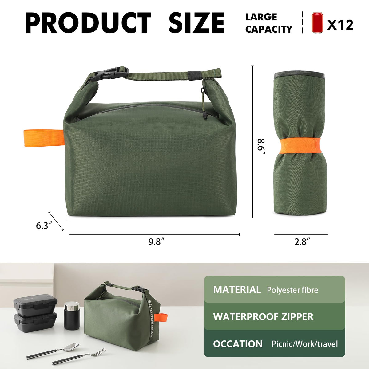 Foldable Lunch Bag – Reusable Insulated Cooler Tote with Waterproof Zipper, Leak-Proof Design, Lightweight & Compact, Ideal for Work, School, Picnic, Travel (Military green)