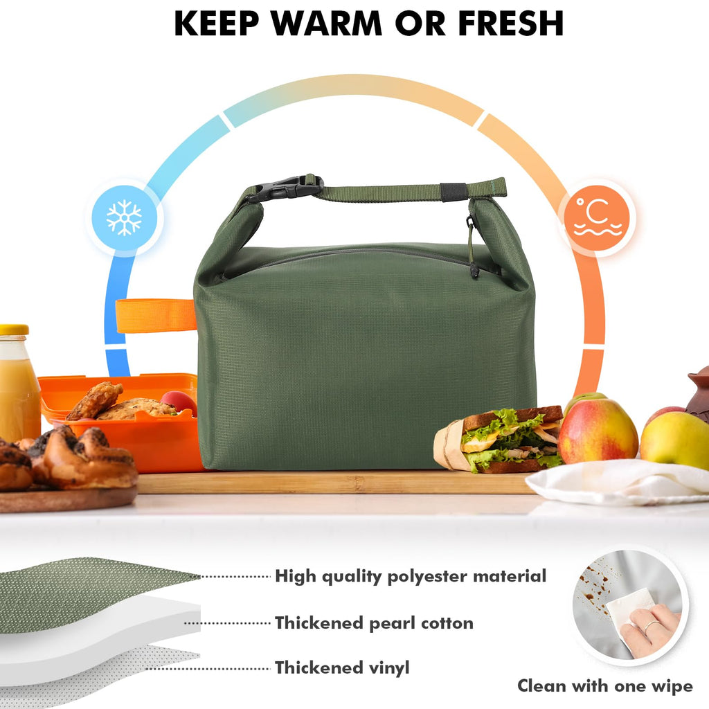Foldable Lunch Bag – Reusable Insulated Cooler Tote with Waterproof Zipper, Leak-Proof Design, Lightweight & Compact, Ideal for Work, School, Picnic, Travel (Military green)