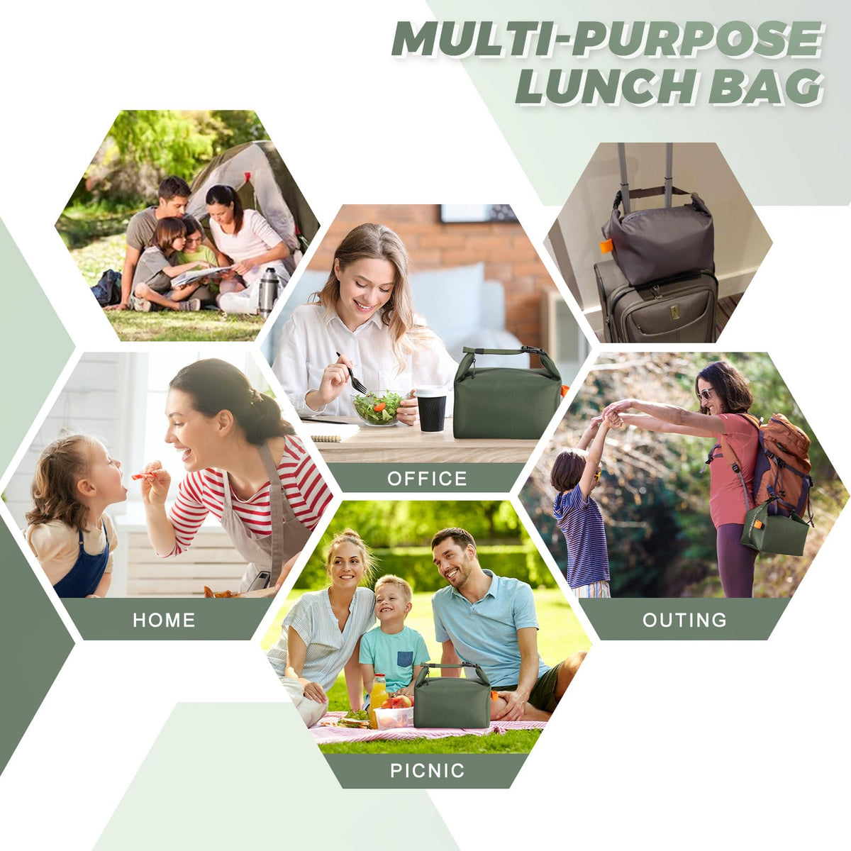 Foldable Lunch Bag – Reusable Insulated Cooler Tote with Waterproof Zipper, Leak-Proof Design, Lightweight & Compact, Ideal for Work, School, Picnic, Travel (Military green)