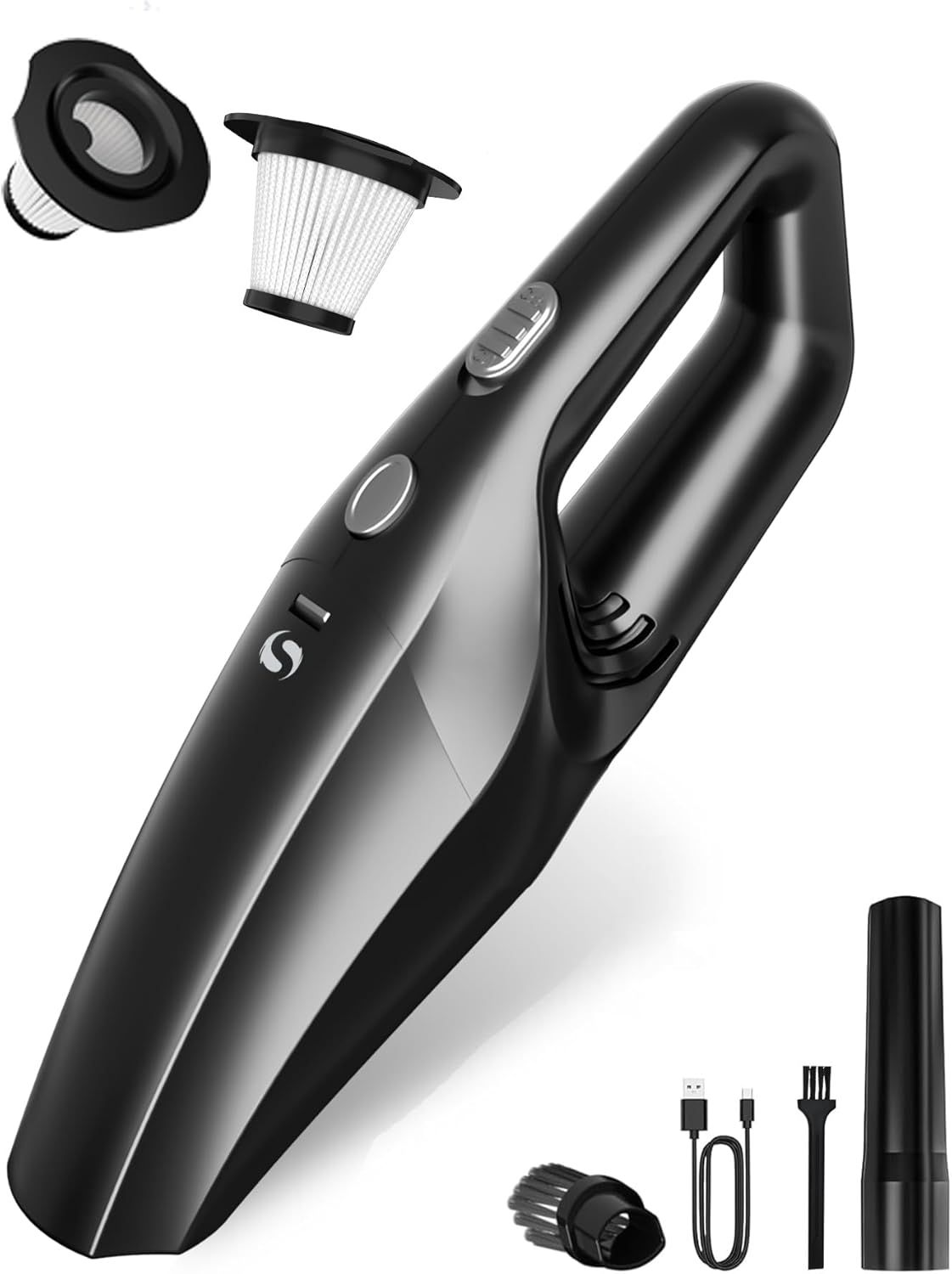 Cordless Handheld Vacuum Cleaner with Washable Filter, Type-C Charging, 2 Attachments—For Car, Home, Office, Kitchen & Pet Areas—Lightweight, Easy Empty, Multi-Surface Use (Black)