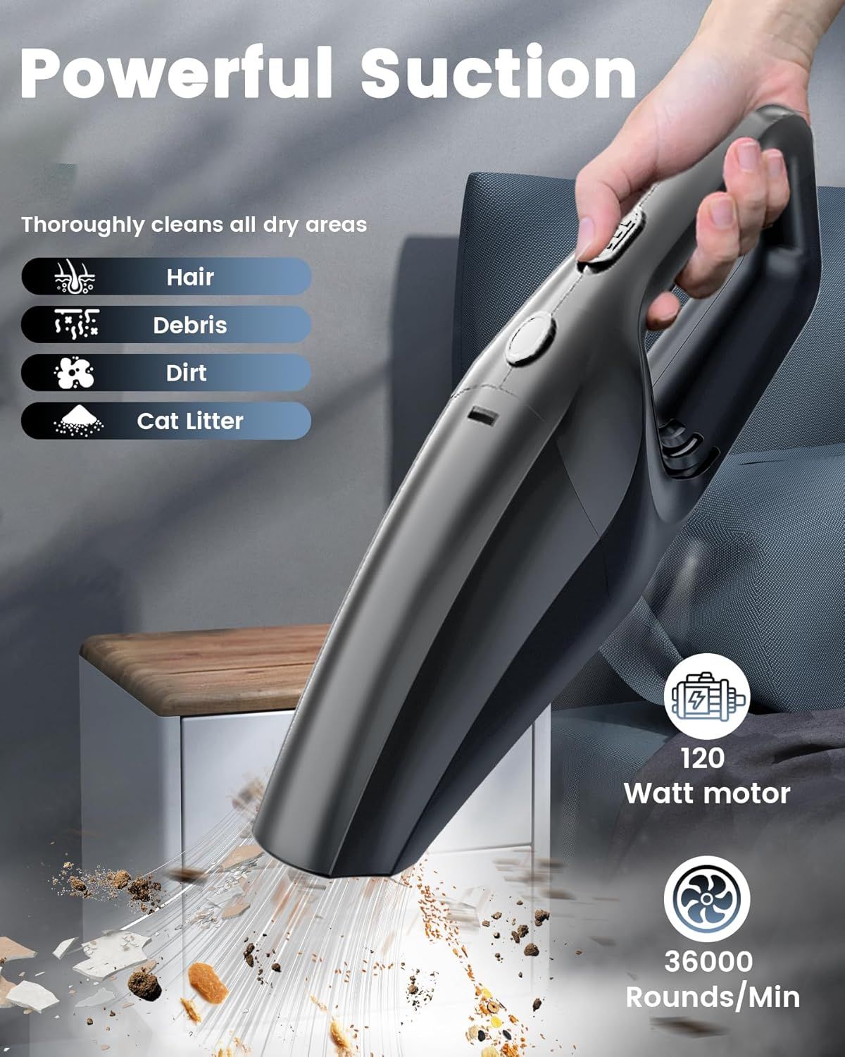 Cordless Handheld Vacuum Cleaner with Washable Filter, Type-C Charging, 2 Attachments—For Car, Home, Office, Kitchen & Pet Areas—Lightweight, Easy Empty, Multi-Surface Use (Black)