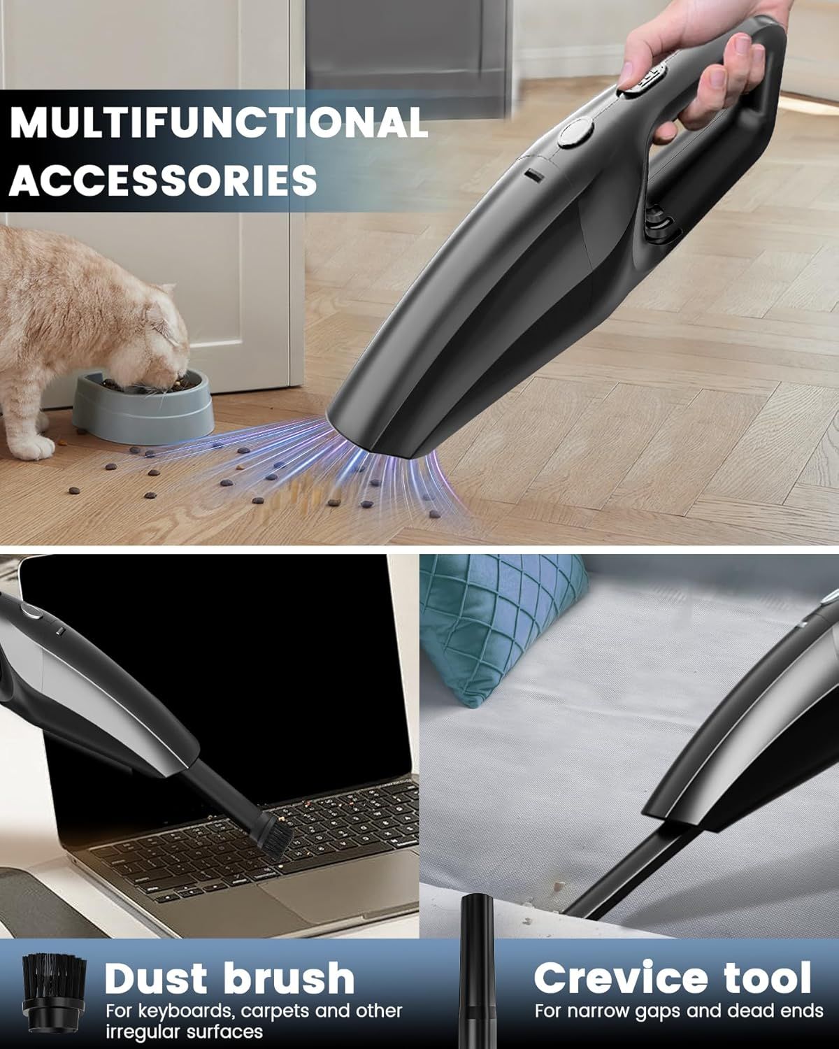 Cordless Handheld Vacuum Cleaner with Washable Filter, Type-C Charging, 2 Attachments—For Car, Home, Office, Kitchen & Pet Areas—Lightweight, Easy Empty, Multi-Surface Use (Black)