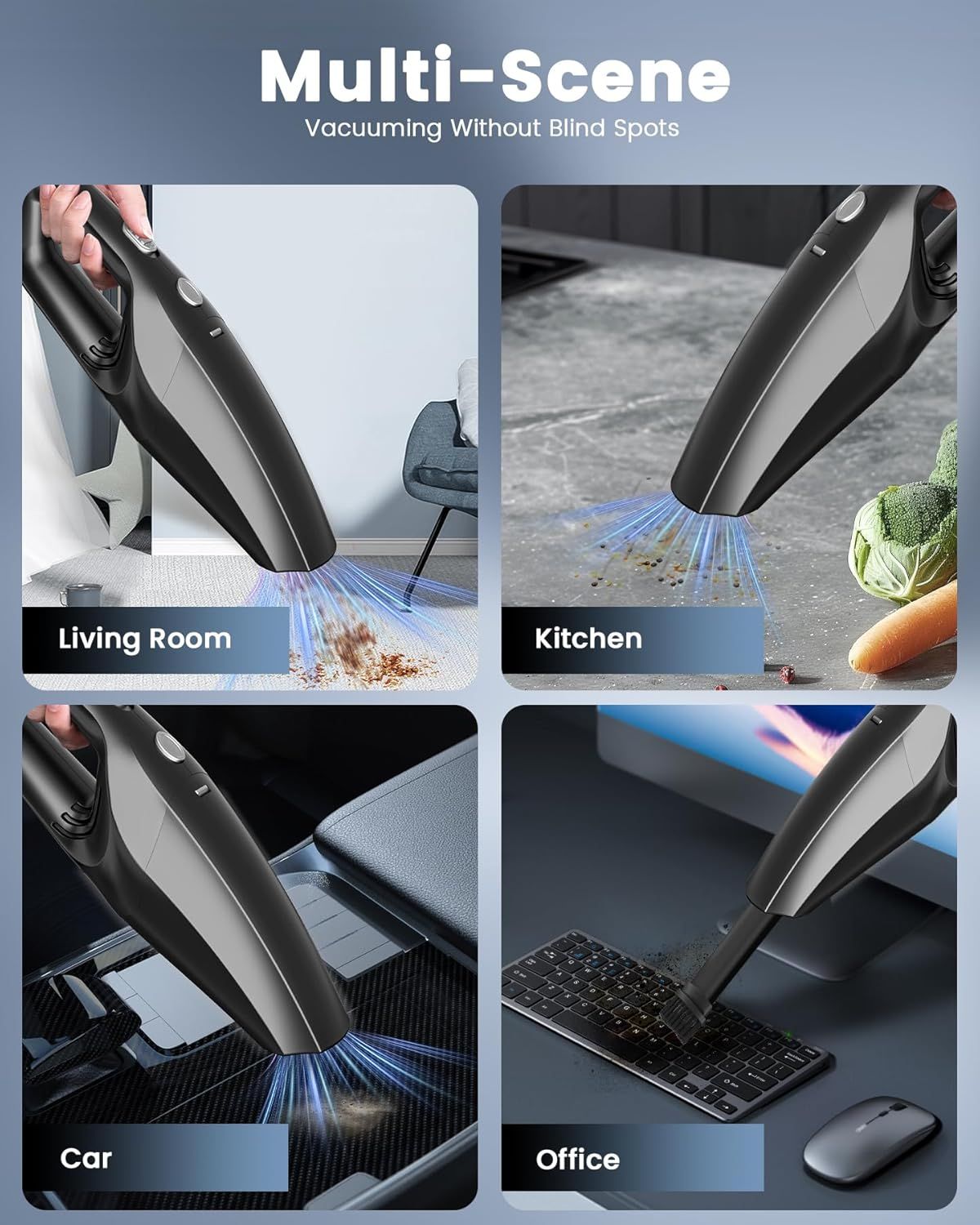 Cordless Handheld Vacuum Cleaner with Washable Filter, Type-C Charging, 2 Attachments—For Car, Home, Office, Kitchen & Pet Areas—Lightweight, Easy Empty, Multi-Surface Use (Black)