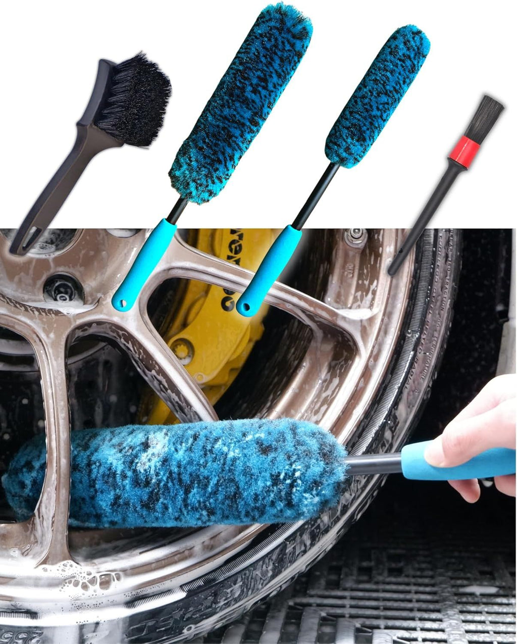 4-Piece Wheel Cleaning Brush Set with 2 Soft Wool Brushes, Detail Brush, Tire Brush, Bendable Neck, Anti-Slip Handle, Durable Synthetic Fibers, for Routine Car Care (Blue)