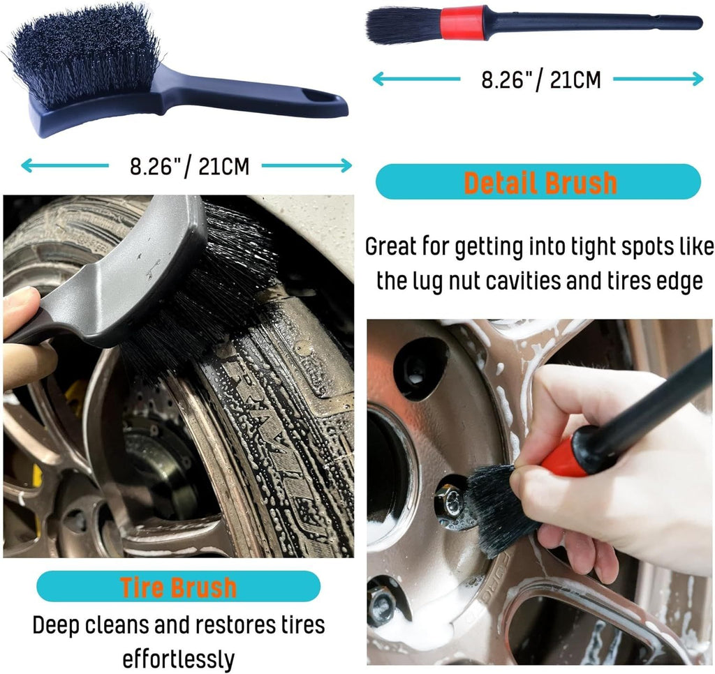 4-Piece Wheel Cleaning Brush Set with 2 Soft Wool Brushes, Detail Brush, Tire Brush, Bendable Neck, Anti-Slip Handle, Durable Synthetic Fibers, for Routine Car Care (Blue)