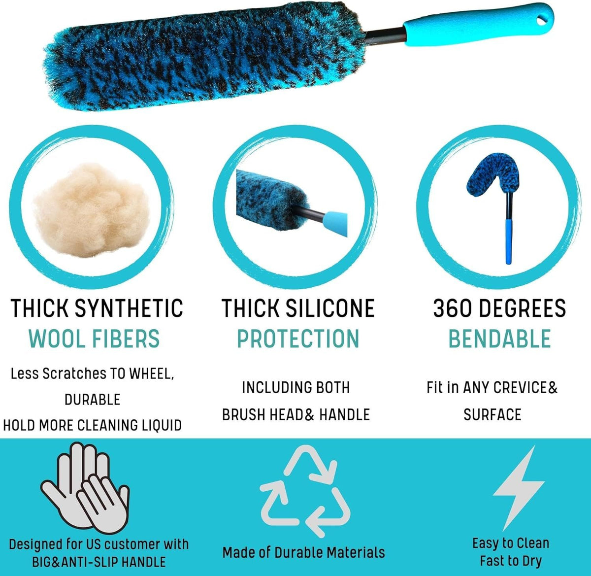 4-Piece Wheel Cleaning Brush Set with 2 Soft Wool Brushes, Detail Brush, Tire Brush, Bendable Neck, Anti-Slip Handle, Durable Synthetic Fibers, for Routine Car Care (Blue)
