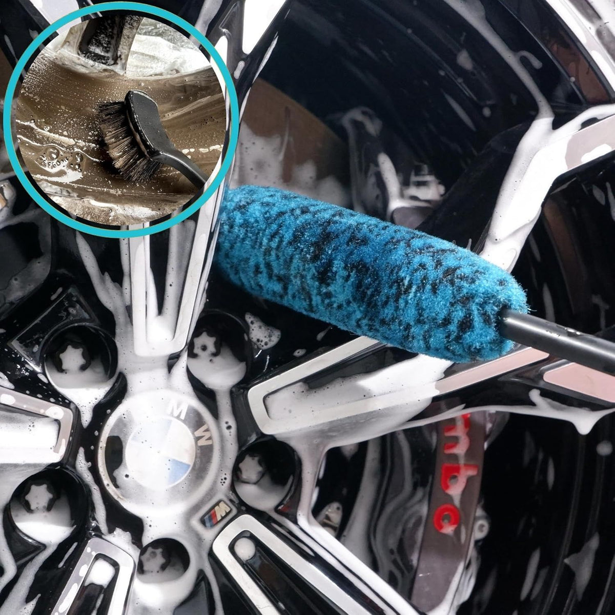 4-Piece Wheel Cleaning Brush Set with 2 Soft Wool Brushes, Detail Brush, Tire Brush, Bendable Neck, Anti-Slip Handle, Durable Synthetic Fibers, for Routine Car Care (Blue)