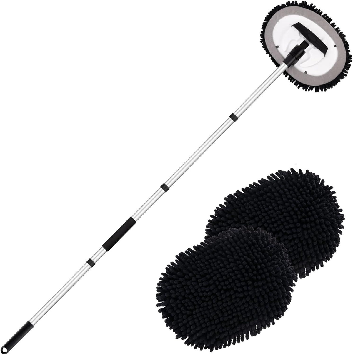 Telescopic Car Cleaning Mop with 4-Section Aluminum Pole, Rotating Microfiber Head, Anti-Slip Grip, Interchangeable Chenille Pads, Multi-Surface Use for Vehicles, Windows, Floors, and Ceilings (Black)