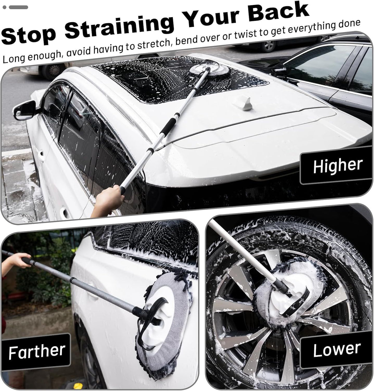 Telescopic Car Cleaning Mop with 4-Section Aluminum Pole, Rotating Microfiber Head, Anti-Slip Grip, Interchangeable Chenille Pads, Multi-Surface Use for Vehicles, Windows, Floors, and Ceilings (Black)