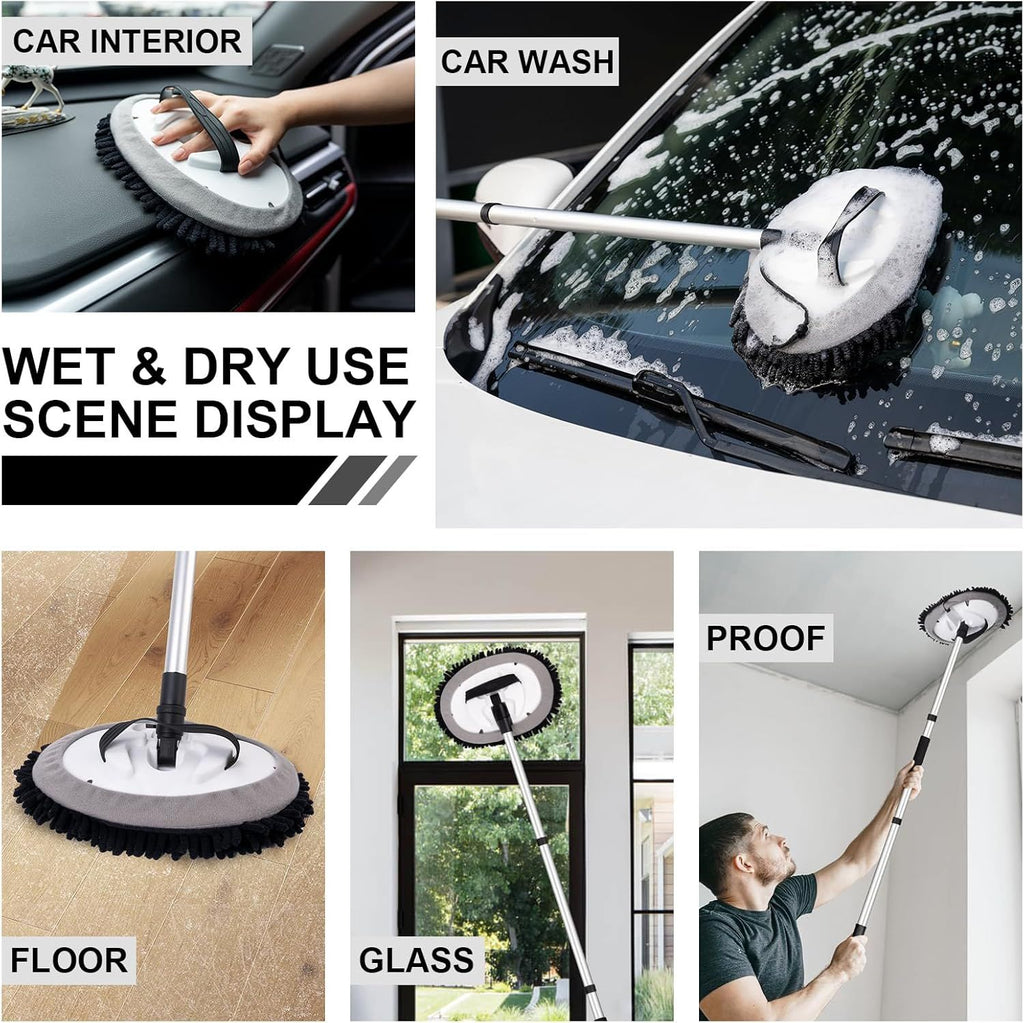 Telescopic Car Cleaning Mop with 4-Section Aluminum Pole, Rotating Microfiber Head, Anti-Slip Grip, Interchangeable Chenille Pads, Multi-Surface Use for Vehicles, Windows, Floors, and Ceilings (Black)