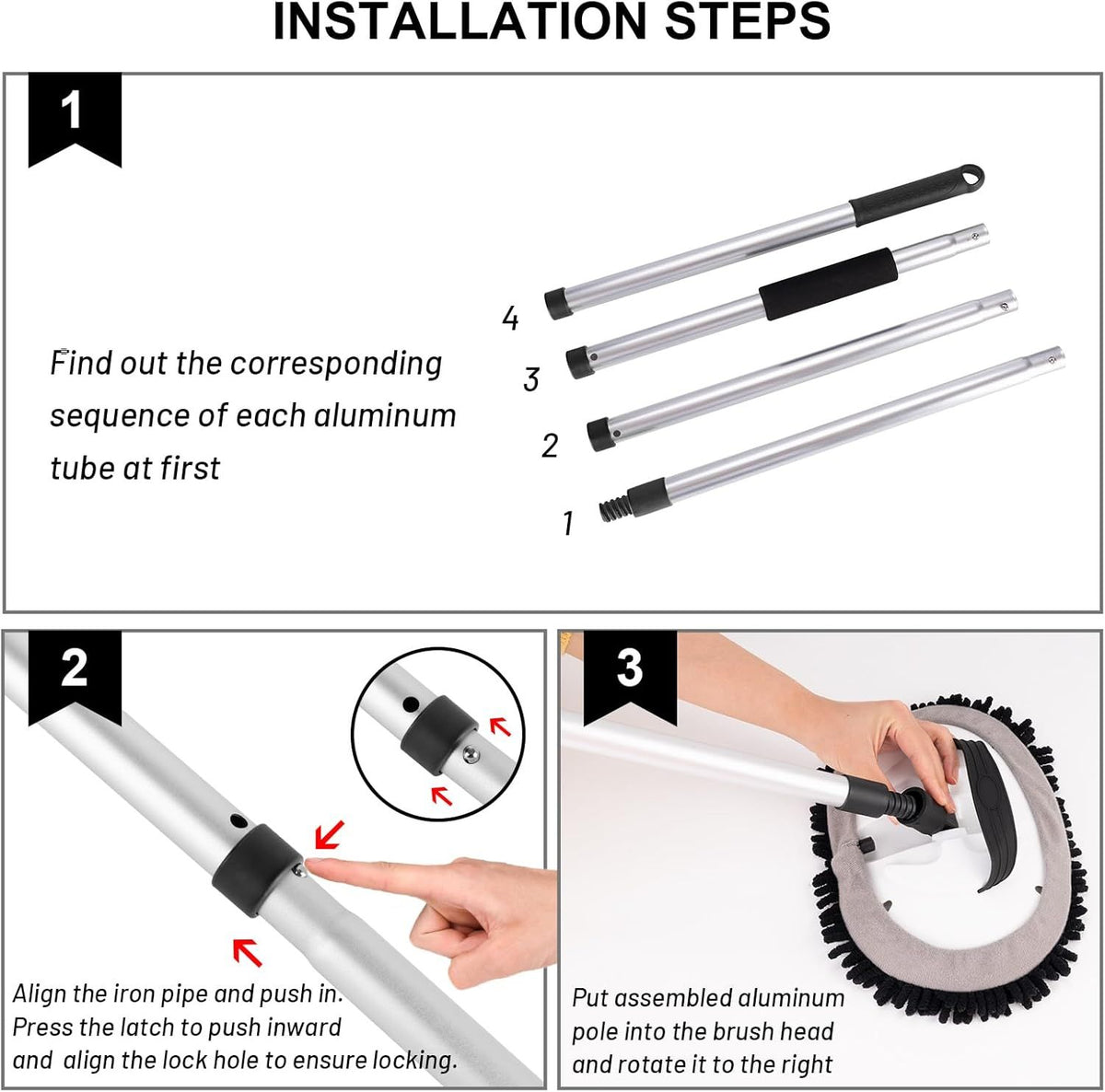 Telescopic Car Cleaning Mop with 4-Section Aluminum Pole, Rotating Microfiber Head, Anti-Slip Grip, Interchangeable Chenille Pads, Multi-Surface Use for Vehicles, Windows, Floors, and Ceilings (Black)