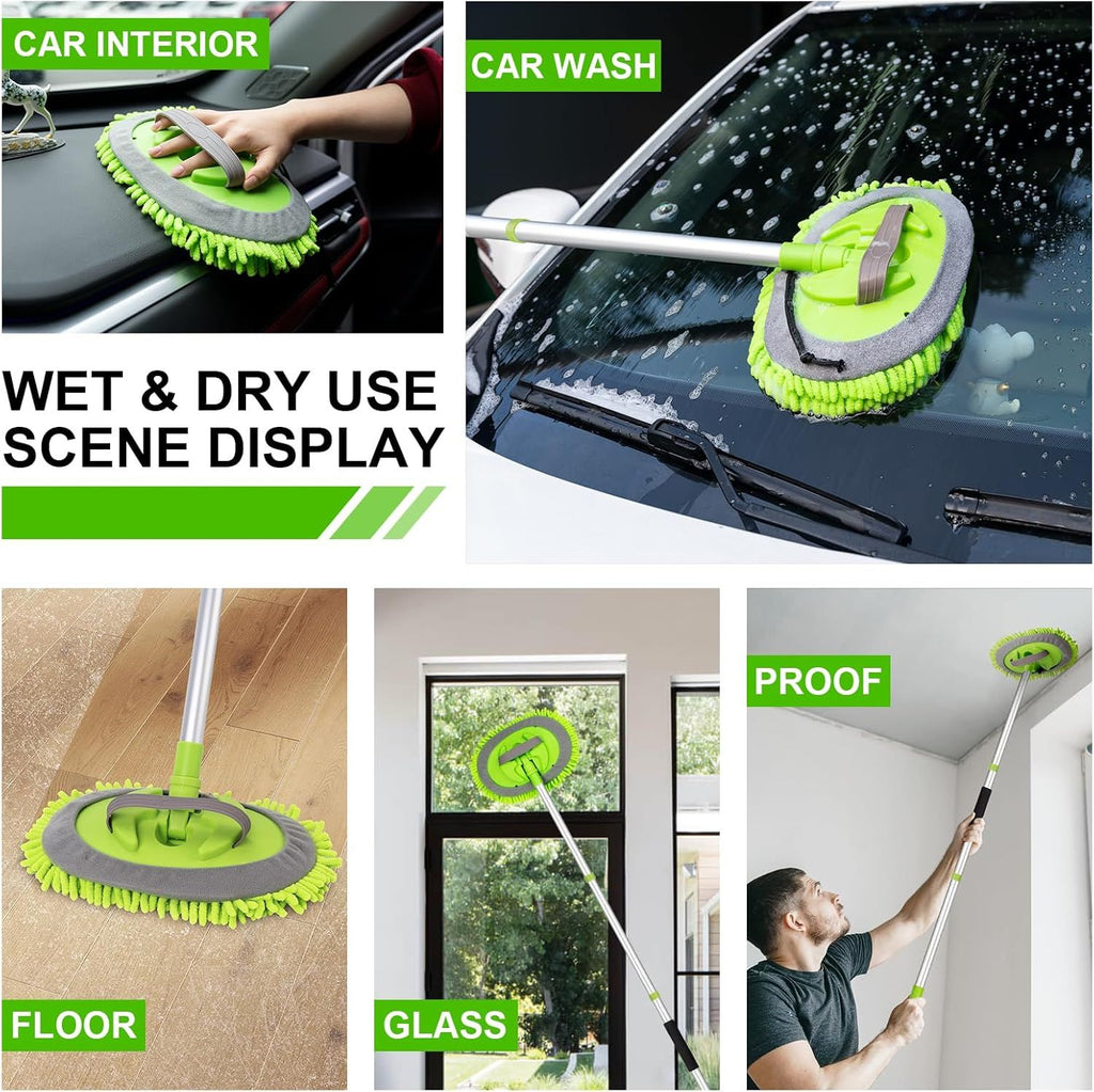 Telescopic Car Cleaning Mop with 4-Section Aluminum Pole, Rotating Microfiber Head, Anti-Slip Grip, Interchangeable Chenille Pads, Multi-Surface Use for Vehicles, Windows, Floors, and Ceilings (Green)