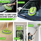 Telescopic Car Cleaning Mop with 4-Section Aluminum Pole, Rotating Microfiber Head, Anti-Slip Grip, Interchangeable Chenille Pads, Multi-Surface Use for Vehicles, Windows, Floors, and Ceilings (Green)