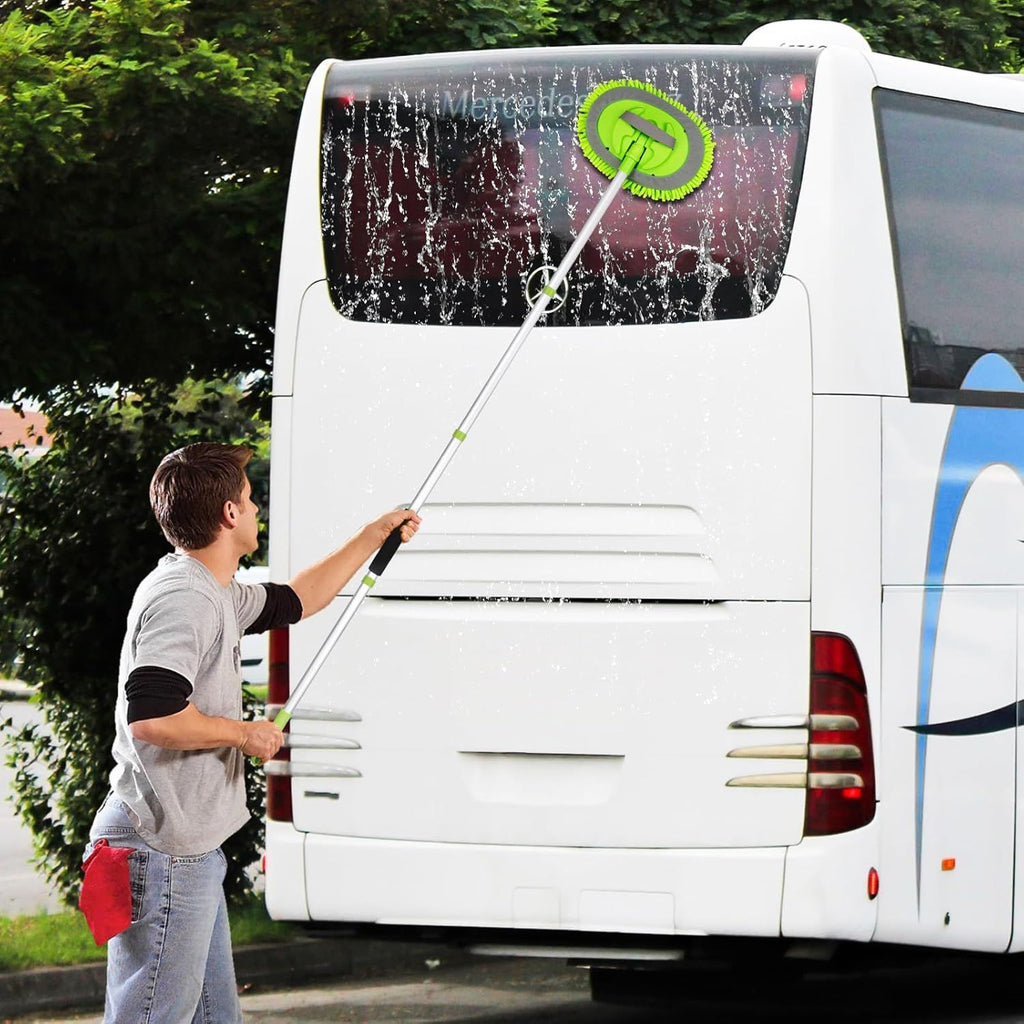 Telescopic Car Cleaning Mop with 4-Section Aluminum Pole, Rotating Microfiber Head, Anti-Slip Grip, Interchangeable Chenille Pads, Multi-Surface Use for Vehicles, Windows, Floors, and Ceilings (Green)