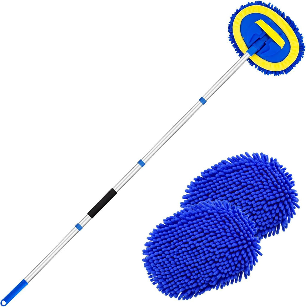 Telescopic Car Cleaning Mop with 4-Section Aluminum Pole, Rotating Microfiber Head, Anti-Slip Grip, Interchangeable Chenille Pads, Multi-Surface Use for Vehicles, Windows, Floors, and Ceilings (Blue)