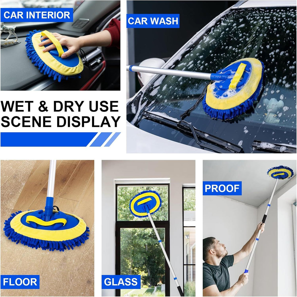 Telescopic Car Cleaning Mop with 4-Section Aluminum Pole, Rotating Microfiber Head, Anti-Slip Grip, Interchangeable Chenille Pads, Multi-Surface Use for Vehicles, Windows, Floors, and Ceilings (Blue)