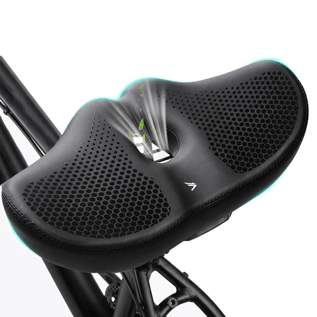 Noseless Bike Seat Wide,Padded Bike Seat for Men and Women,Bike Accessories
Memory Foam Padding Dual Shock Balls and Center Vent for Mountain Bike Exercise Bike Electric Bike(Black)