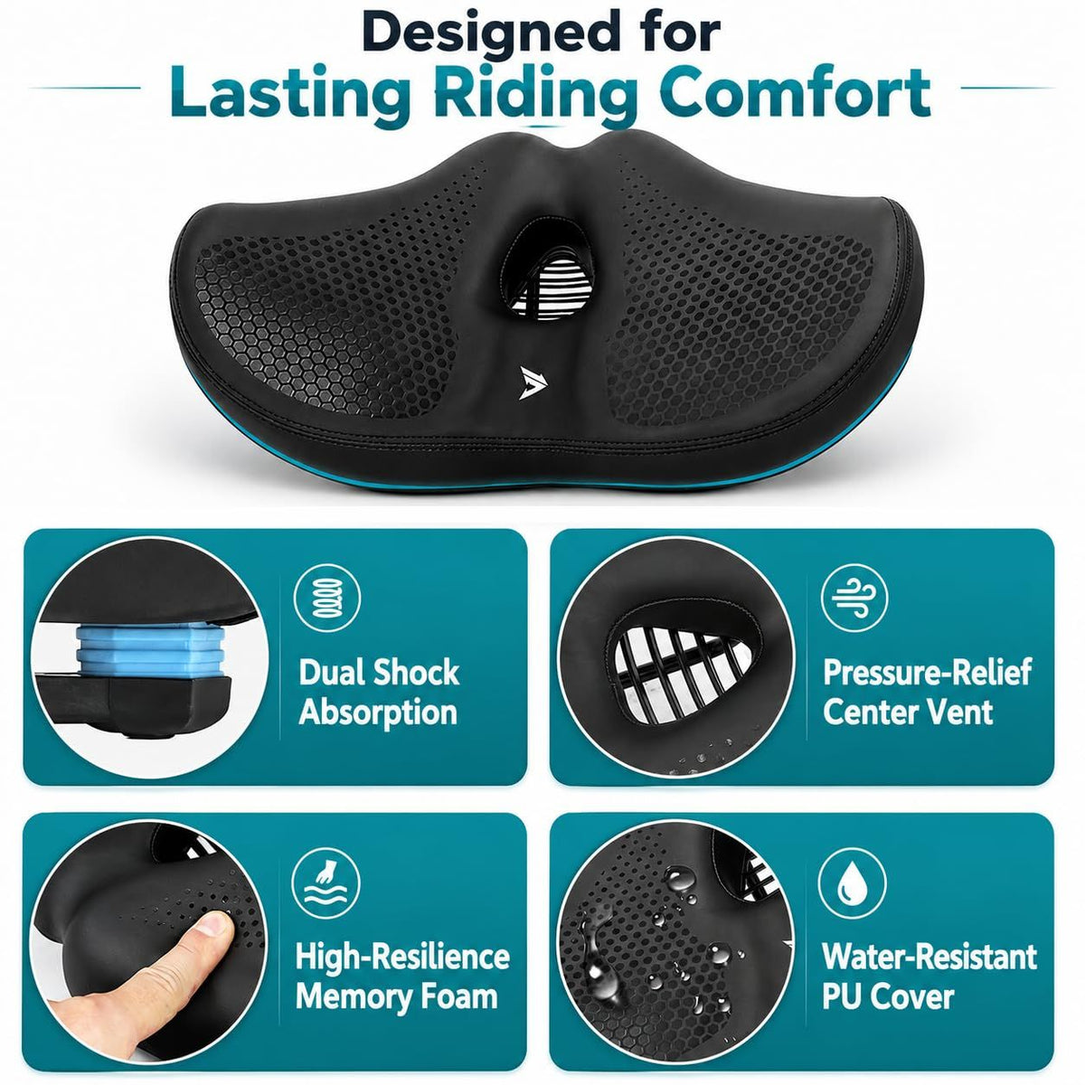 Noseless Bike Seat Wide,Padded Bike Seat for Men and Women,Bike Accessories
Memory Foam Padding Dual Shock Balls and Center Vent for Mountain Bike Exercise Bike Electric Bike(Black)