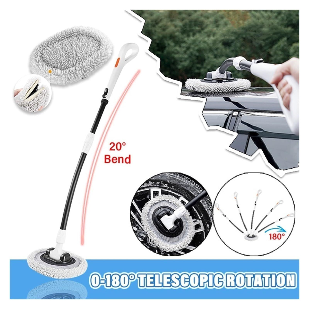 Car Wash Brush with Telescopic Handle – Large Grip, Bendable Head, and Two Brush Heads for Efficient Cleaning(white)