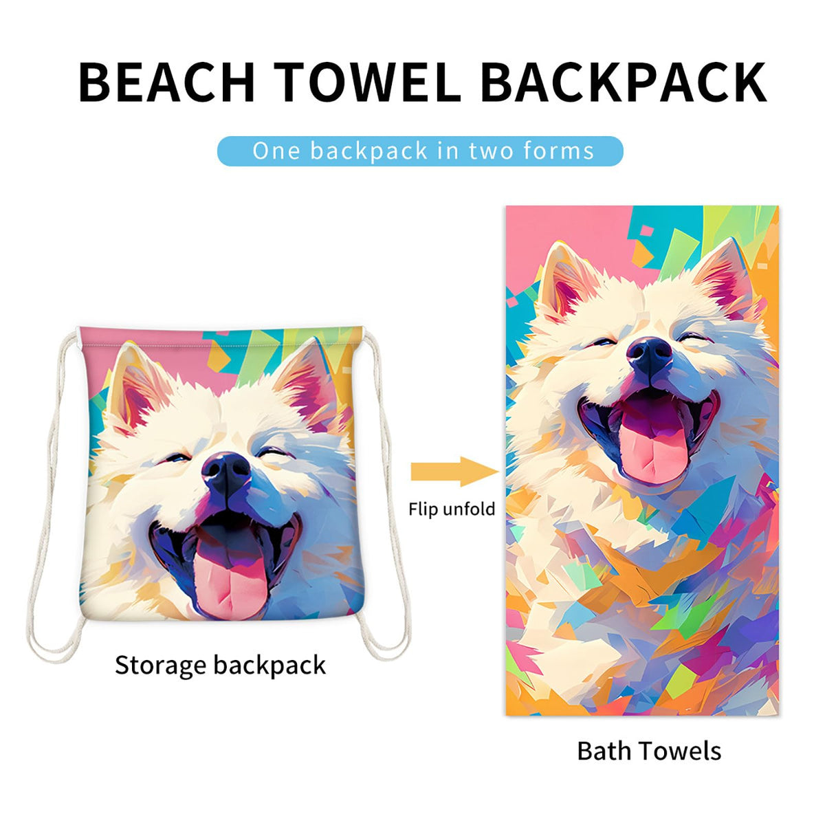 Dual-Function Foldable Beach Towel with Built-in Backpack – Soft Microfiber Towel & Compact Carry Bag in One, 55-Inch Large Size for Swimming, Travel, Picnic (Dog,Colorful)